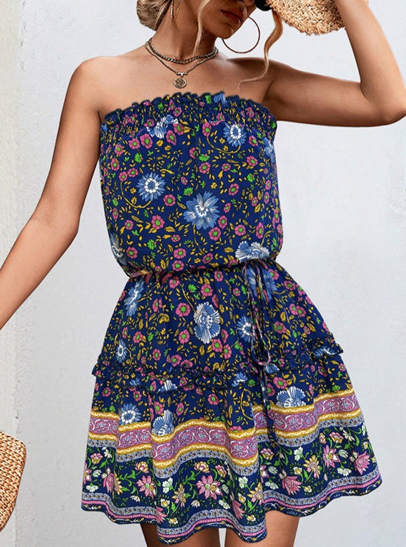 Bohemian trägerloses Mini-Kleid mit Blumenmuster