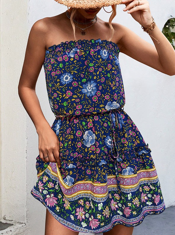 Bohemian trägerloses Mini-Kleid mit Blumenmuster