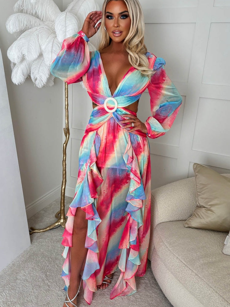 Sequin Watercolor Cutout Backless Maxi Dress