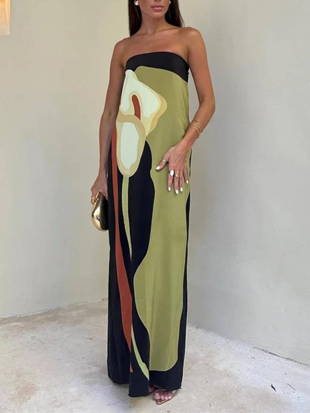 Mode Kontrast Ärmelloses Off-Shoulder Maxikleid mit Print
