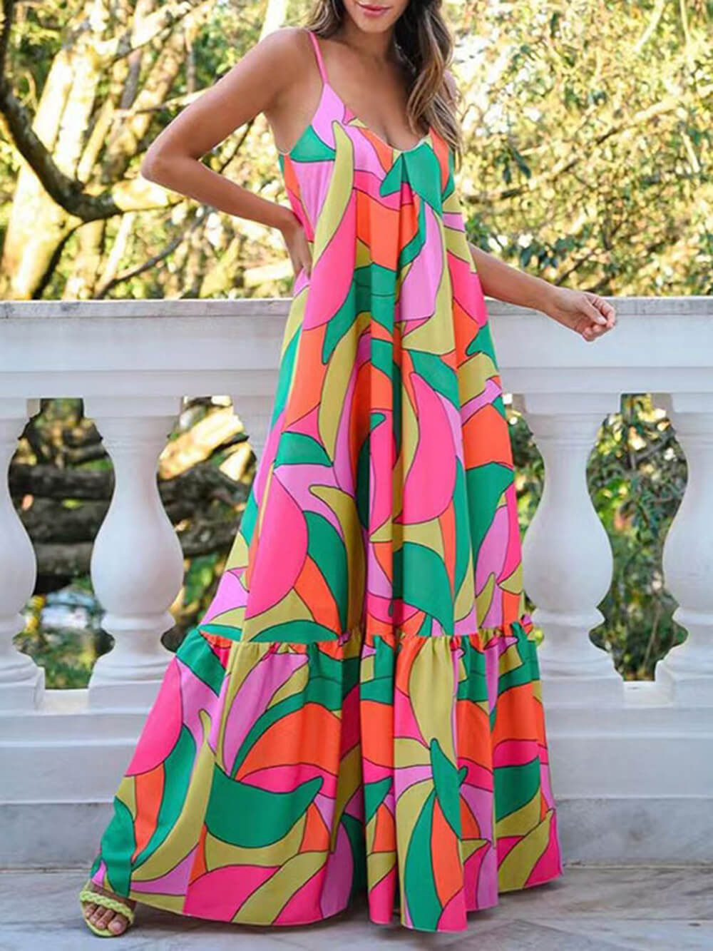 Sommer Französisch Tiefer V-Ausschnitt Rückenloses Neckholder Bedrucktes Kleid