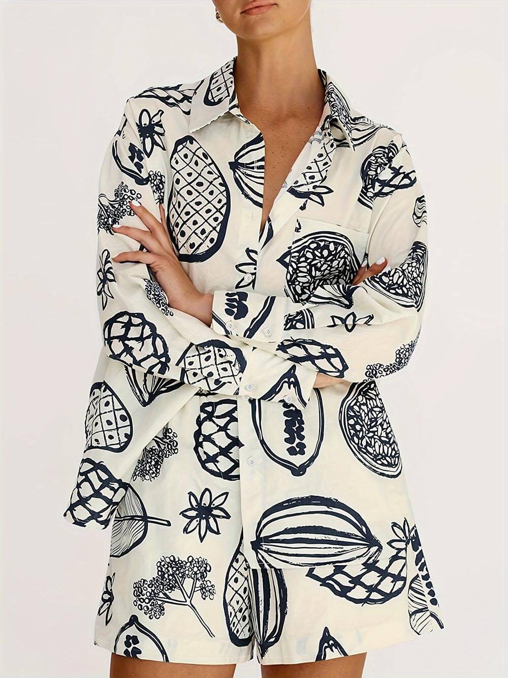 Sommerfrüchte-Print Locker Hemd Shorts Set