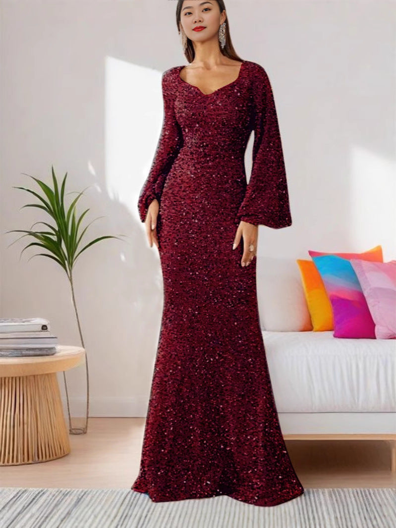 Bodycon-Paillettenkleid mit V-Ausschnitt und Trompetenärmeln