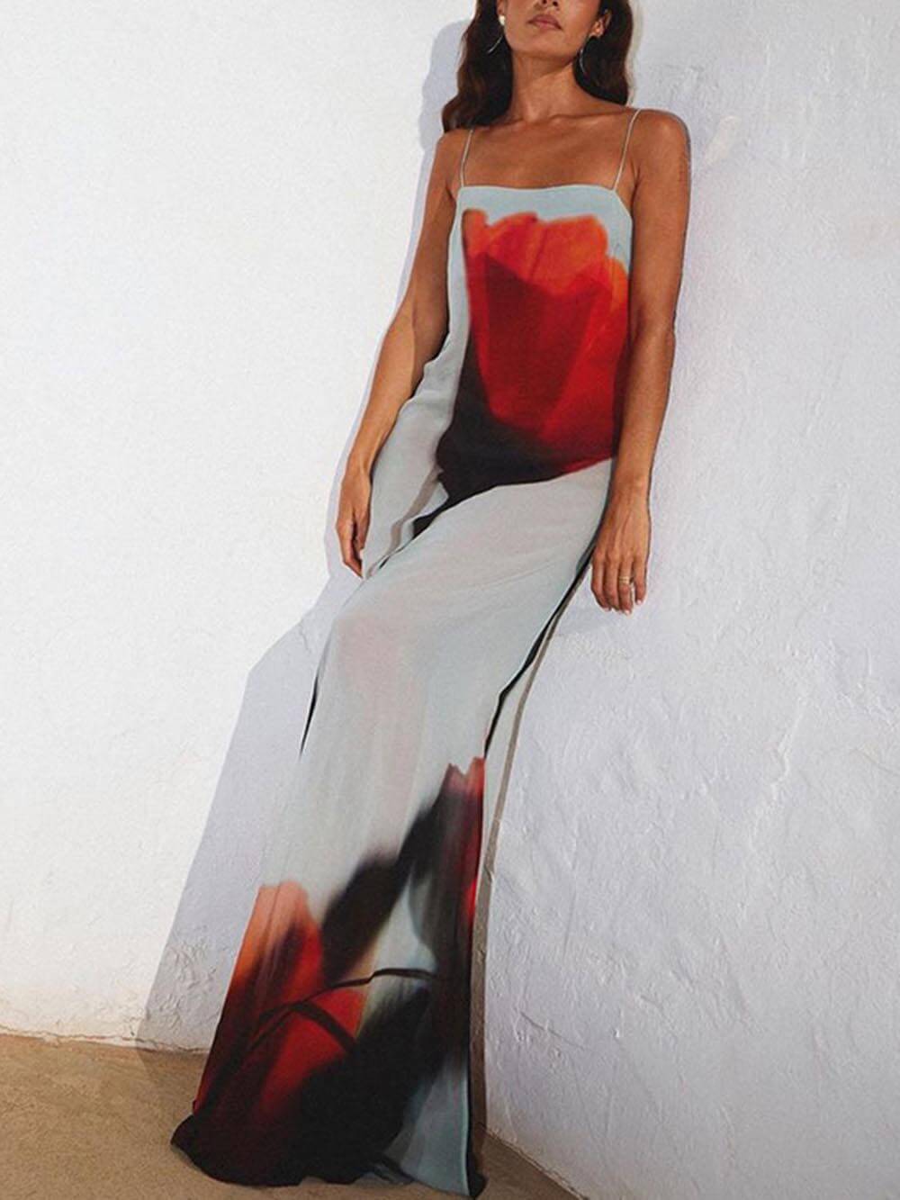 Urlaub Abstrakt Tulpenmuster Slip H-Linie Maxikleid