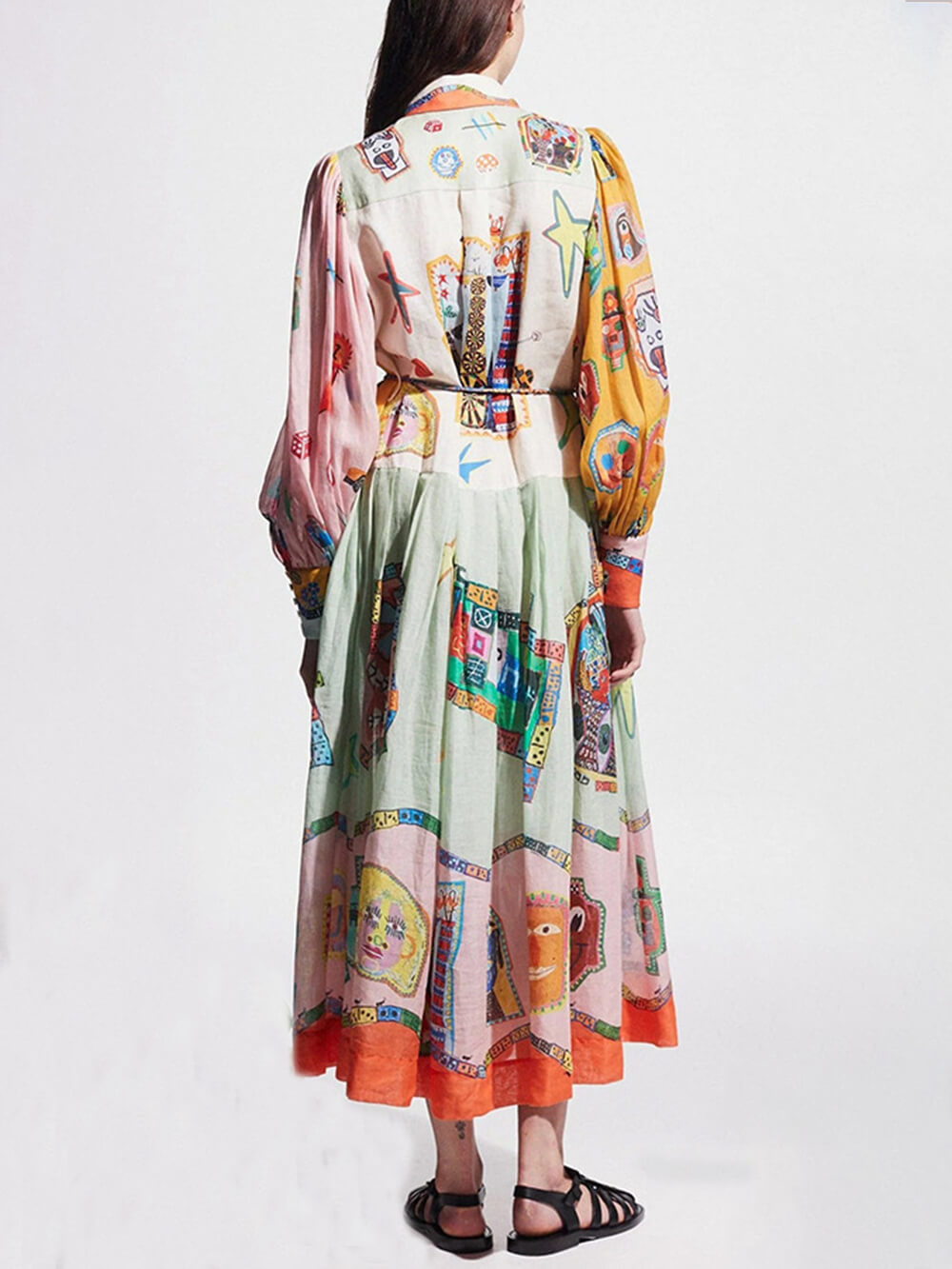 Einzigartiges bedrucktes Colorblock-Midi-Hemdblusenkleid mit Ballonärmeln und Gürtel