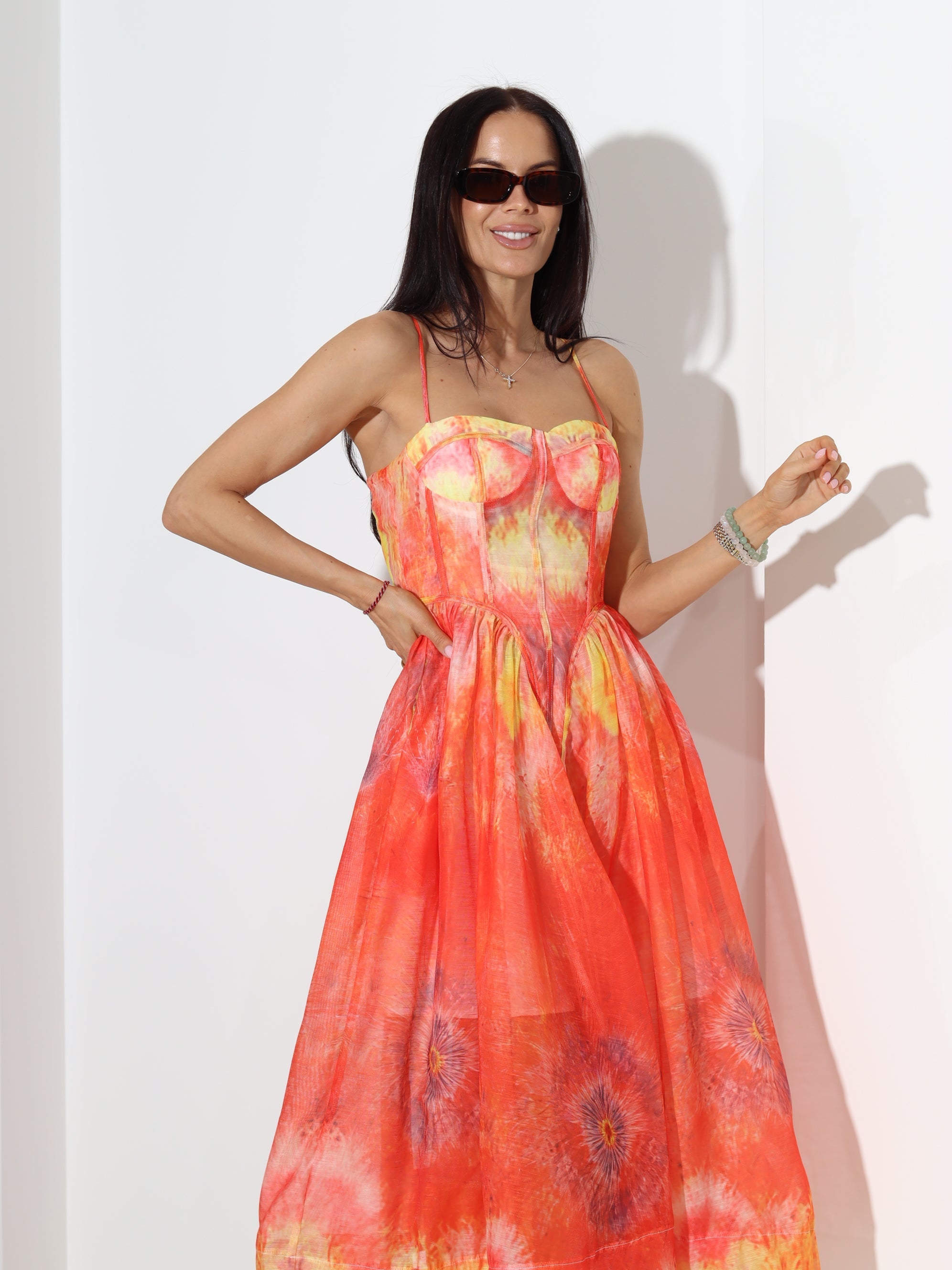 Sunset Tie-Dye Corset Midi Dress