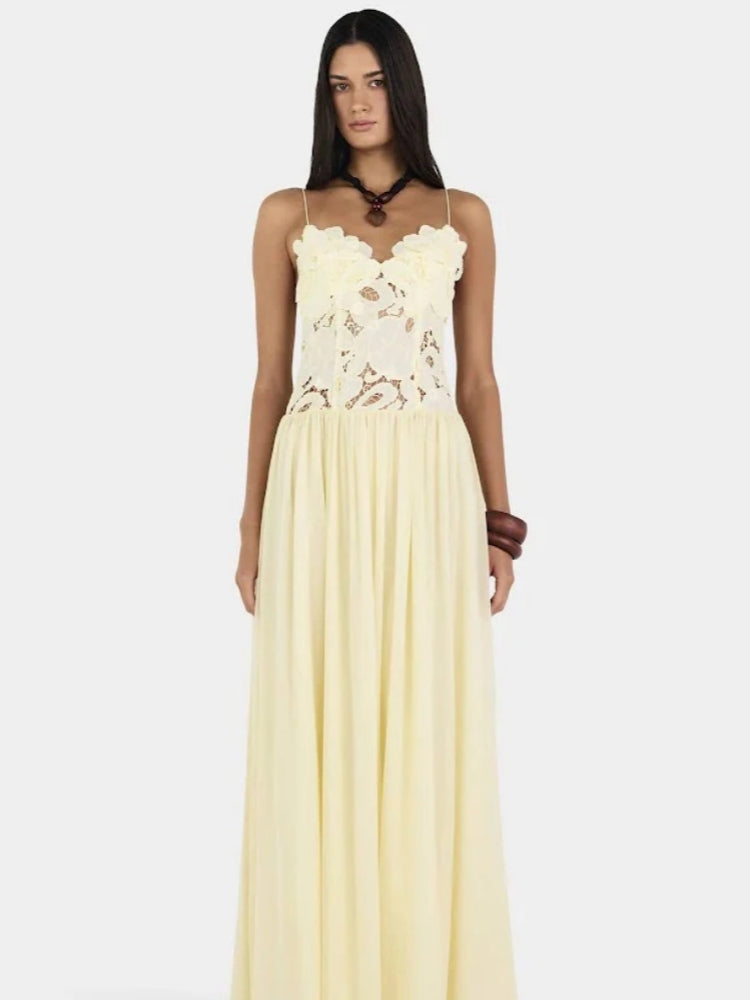 Cremiges gelbes Spitzen-Applikations-Chiffon-Maxikleid