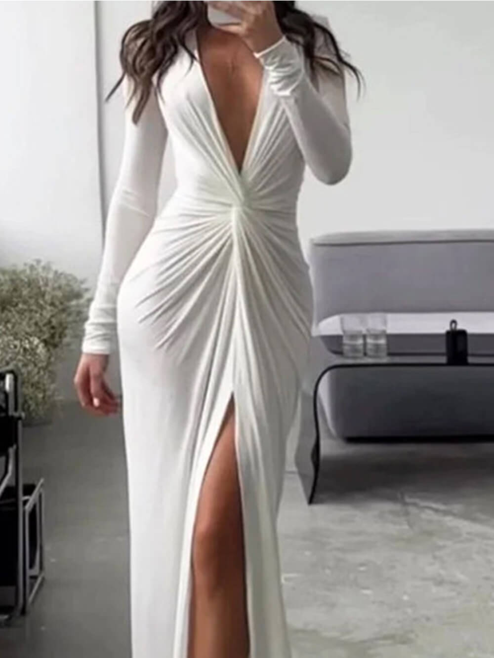 Sexy V-Ausschnitt Langarm Maxikleid
