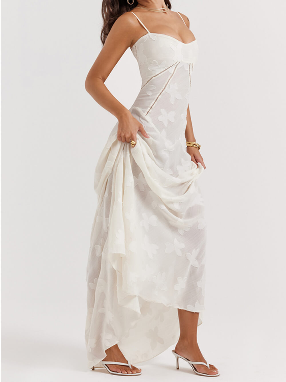 Vintage cremefarbenes Maxi-Kleid mit floraler Spitze am Rücken