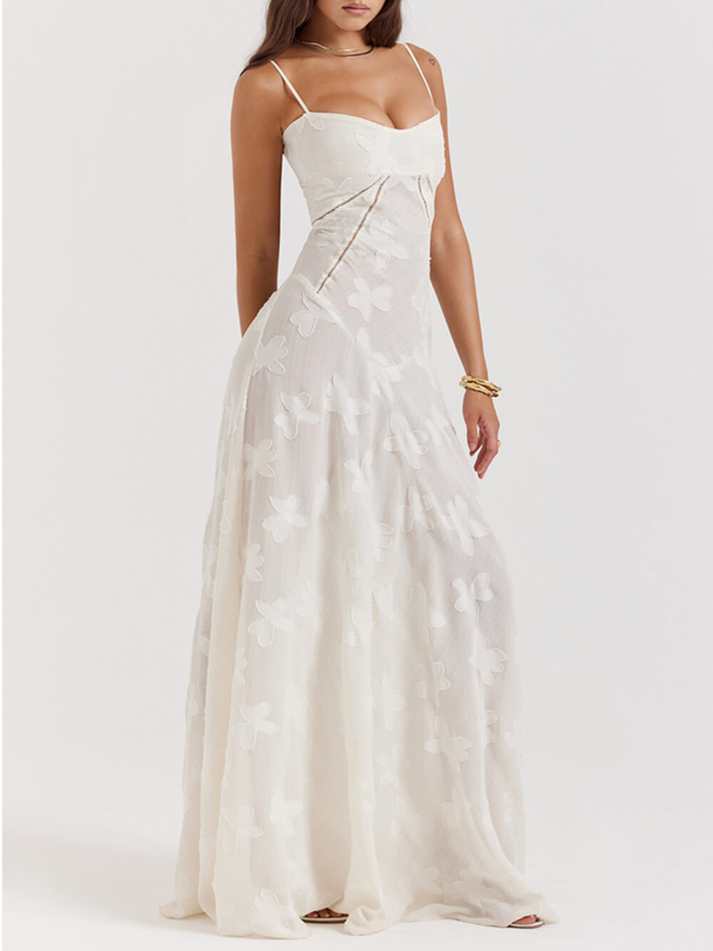 Vintage cremefarbenes Maxi-Kleid mit floraler Spitze am Rücken