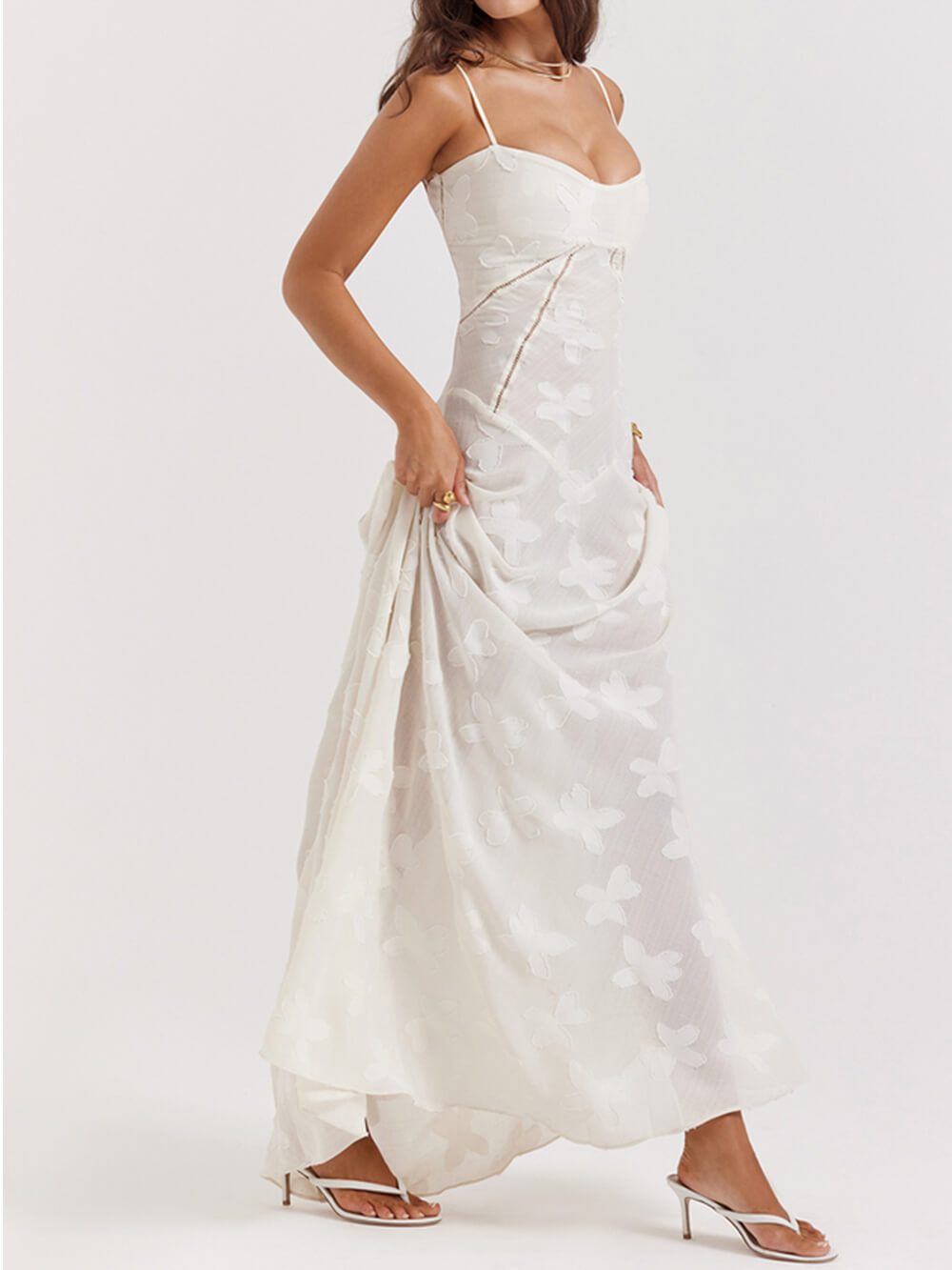 Vintage cremefarbenes Maxi-Kleid mit floraler Spitze am Rücken