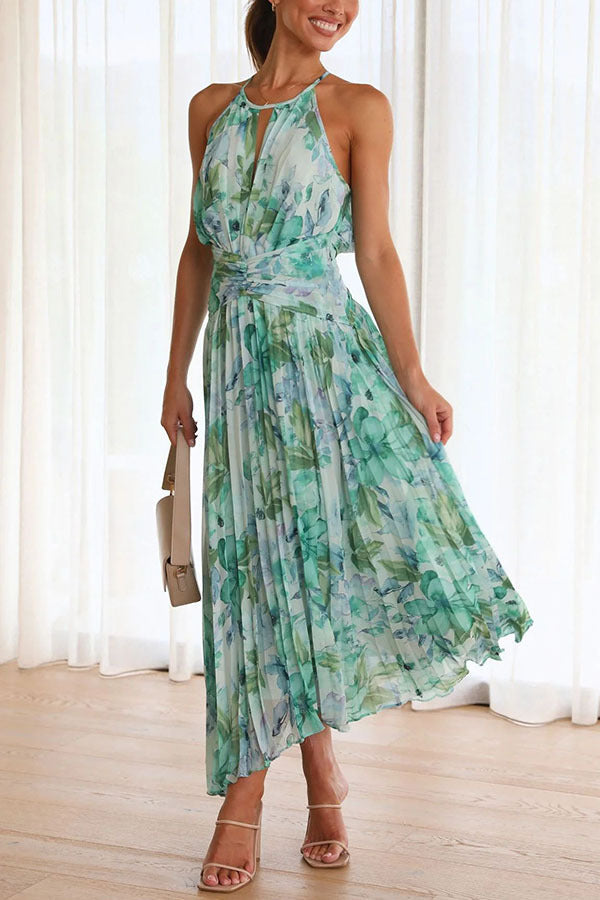 Aqua floral bedrucktes, plissiertes Maxikleid mit Neckholder und Cut-Out