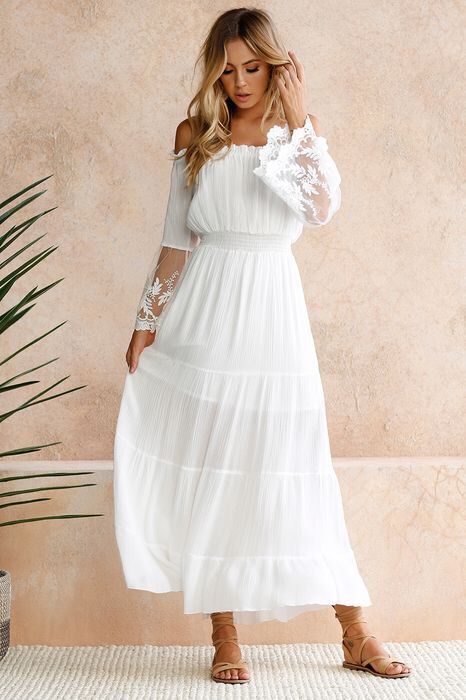 Schulter-Maxikleid: bestickte, ausgestellte Ärmel aus Spitze