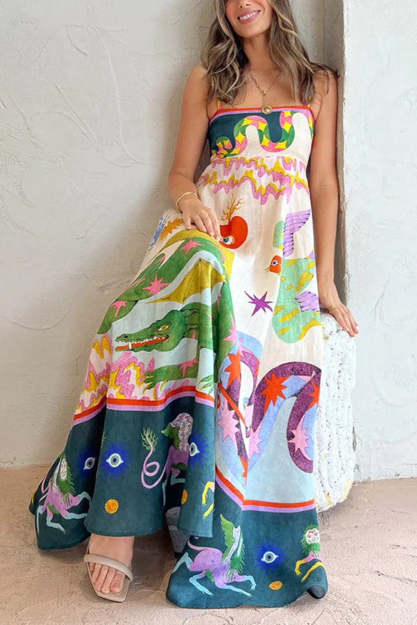 Midikleid aus Leinenmix mit einzigartigem Print, gesmoktem Rückenteil und Taschen
