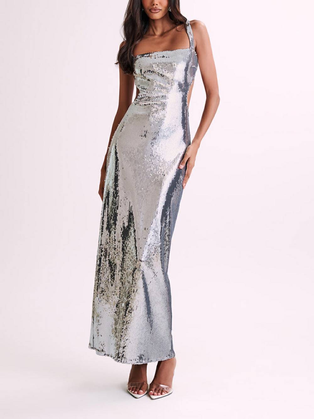 Pailletten-Cut-Out-Maxikleid – Silber