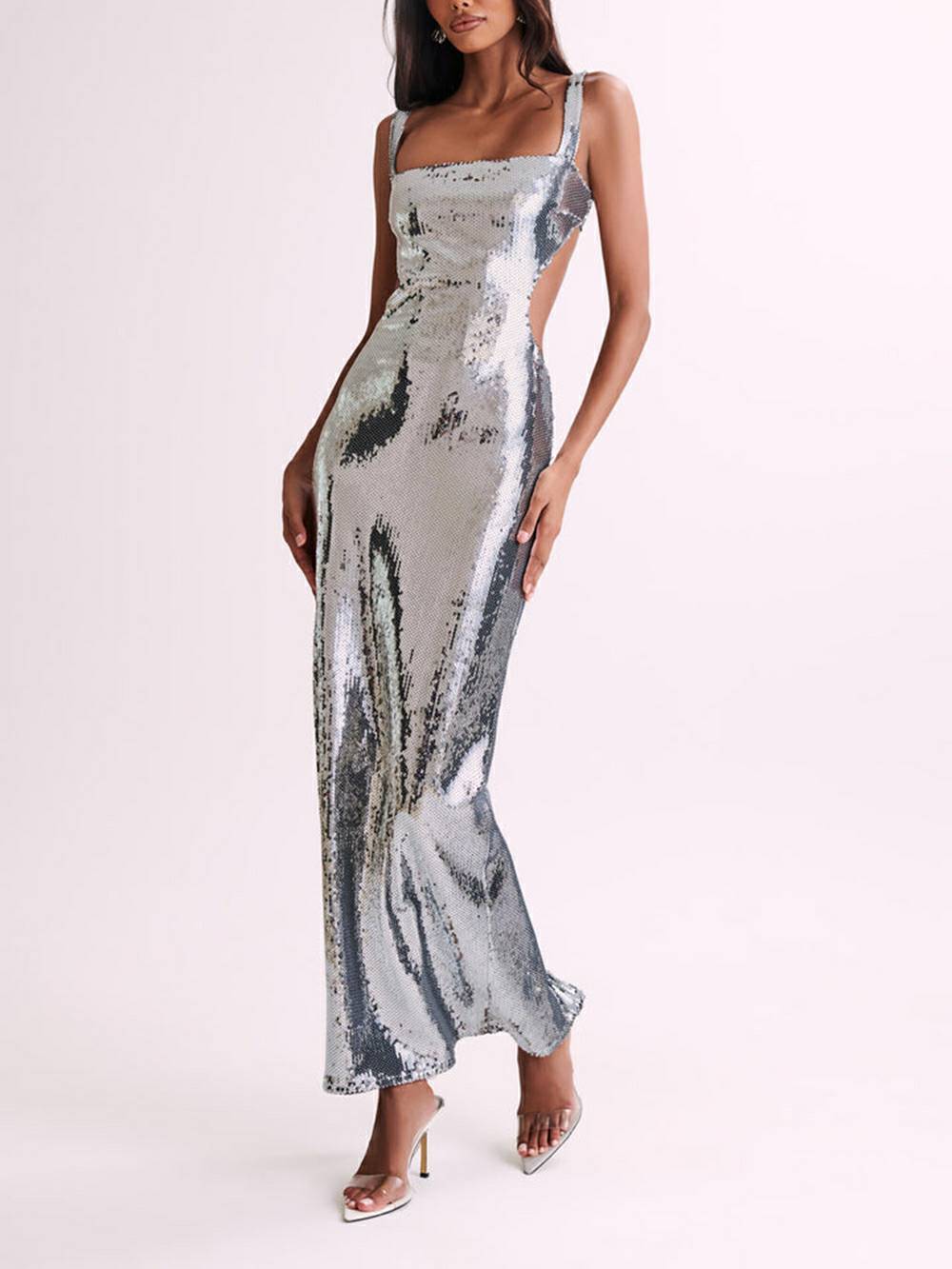 Pailletten-Cut-Out-Maxikleid – Silber