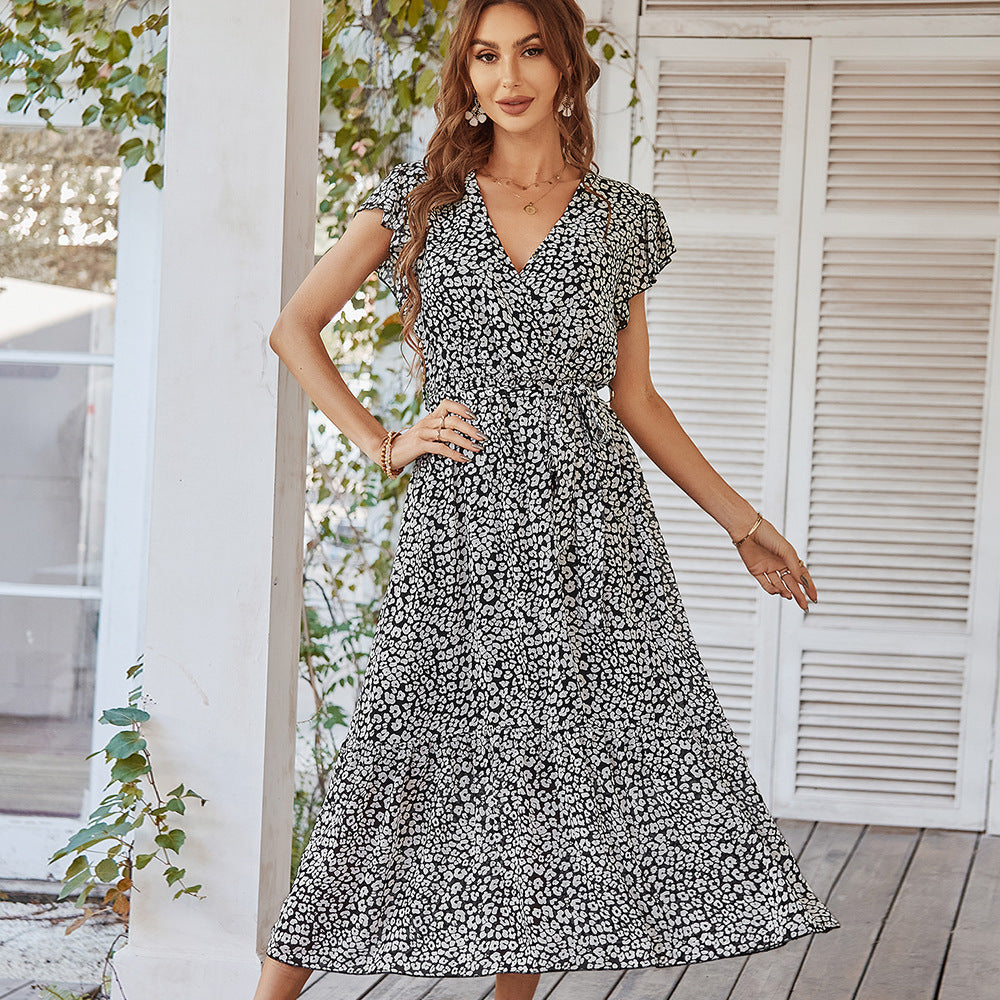 Tiefer V-Ausschnitt Sexy Tupfen Langes Freizeitkleid