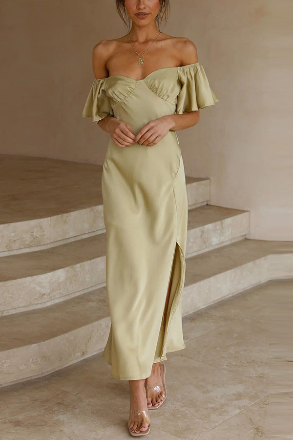 Midi-Kleid mit Seitenschlitz: Carmen-Ausschnitt, Volantärmel