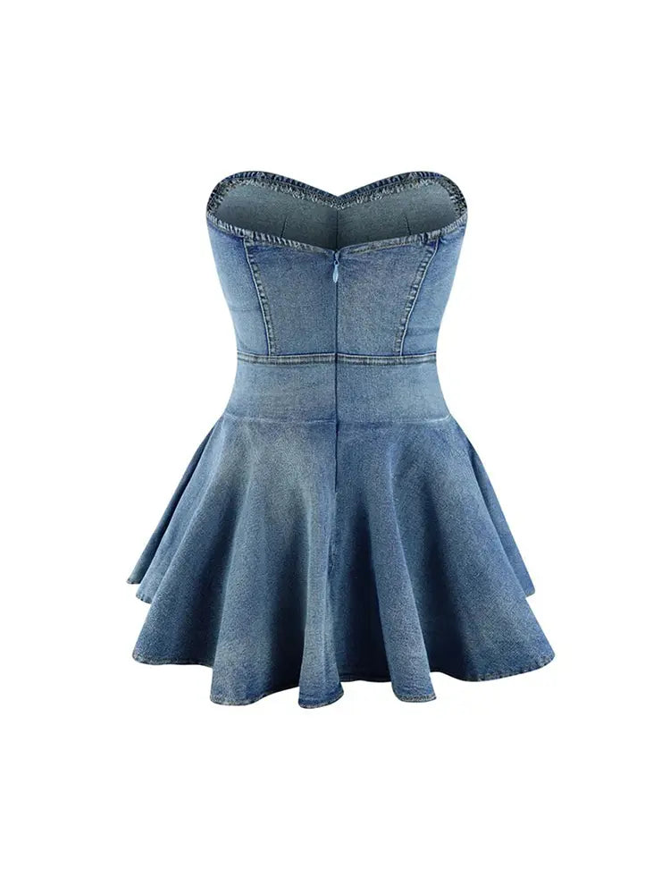 Trägerloses Rüschenkleid aus Denim