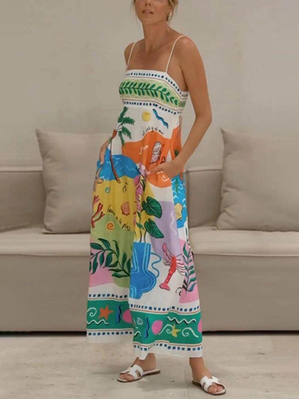 Einzigartiges bedrucktes trägerloses, ärmelloses Midikleid im Resort-Stil