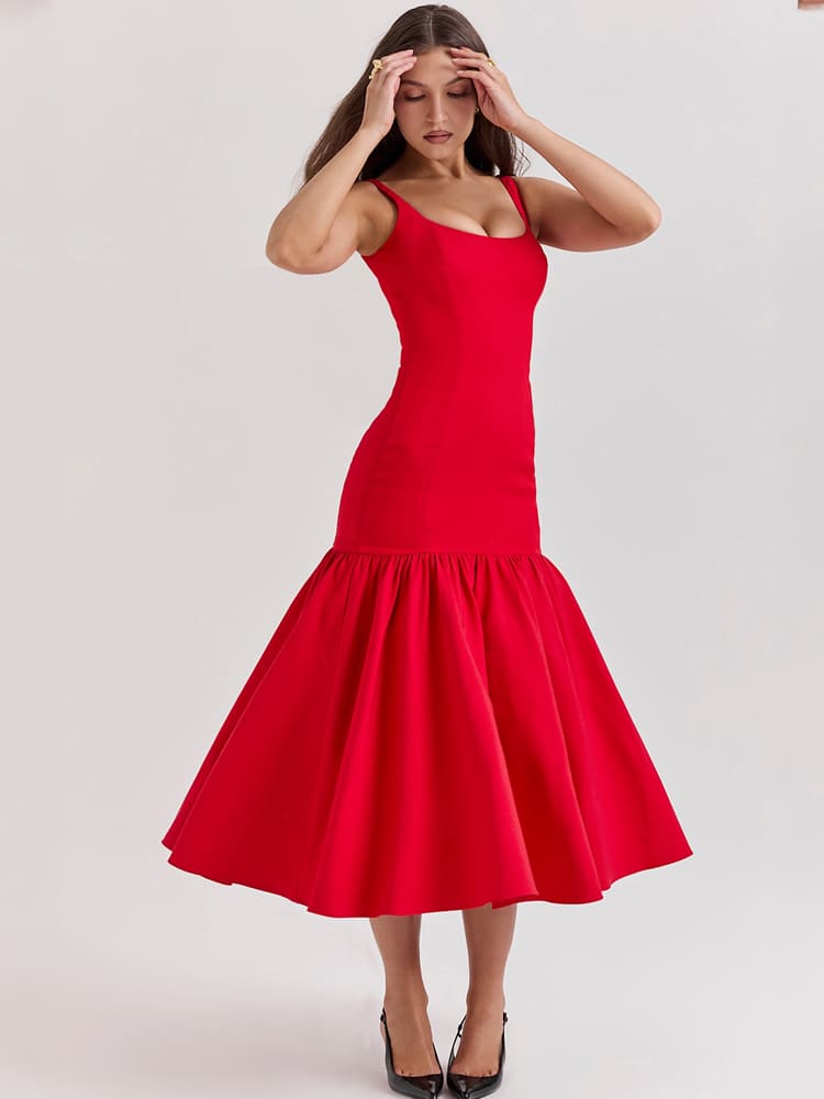 Sexy, eng anliegendes Midi-Kleid mit tiefem Bund – Scharlachrot