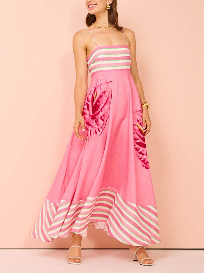 Geblümtes, gestreiftes Paneel-Latz-Maxikleid