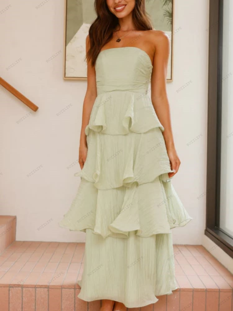 Elegantes, trägerloses, rückenfreies Midi-Kleid mit Stufenrock