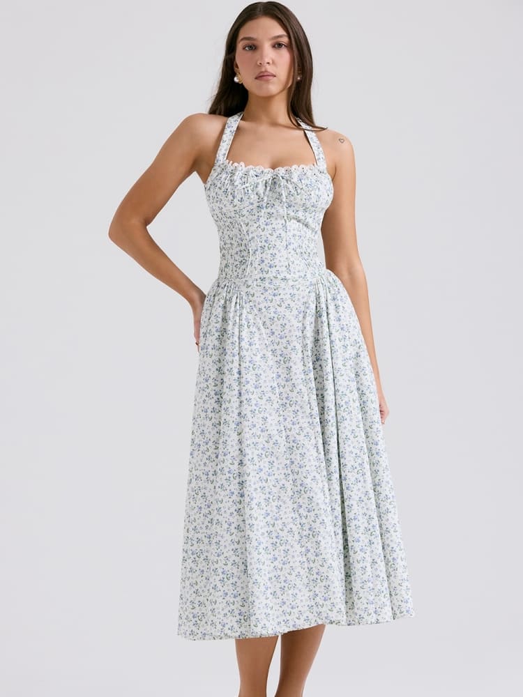 Weißes Neckholder-Kleid mit Rückenausschnitt und Glockenblumenmuster