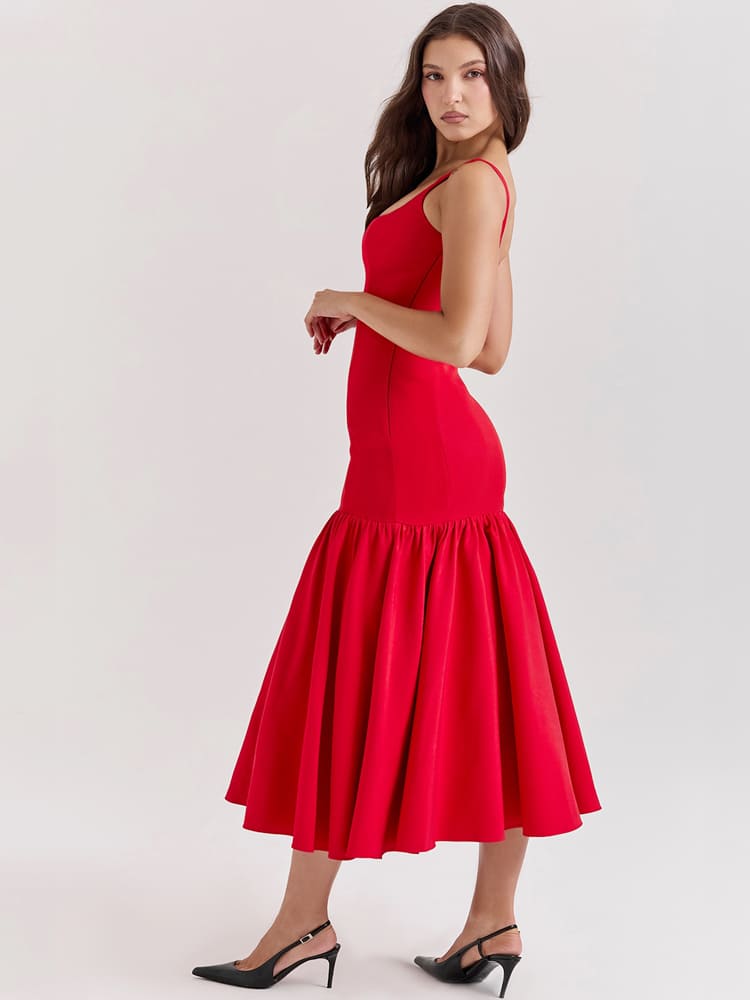 Sexy, eng anliegendes Midi-Kleid mit tiefem Bund – Scharlachrot