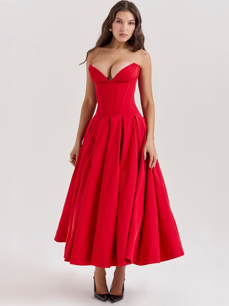 Sexy, eng anliegendes Midi-Kleid mit tiefem Bund – Scharlachrot