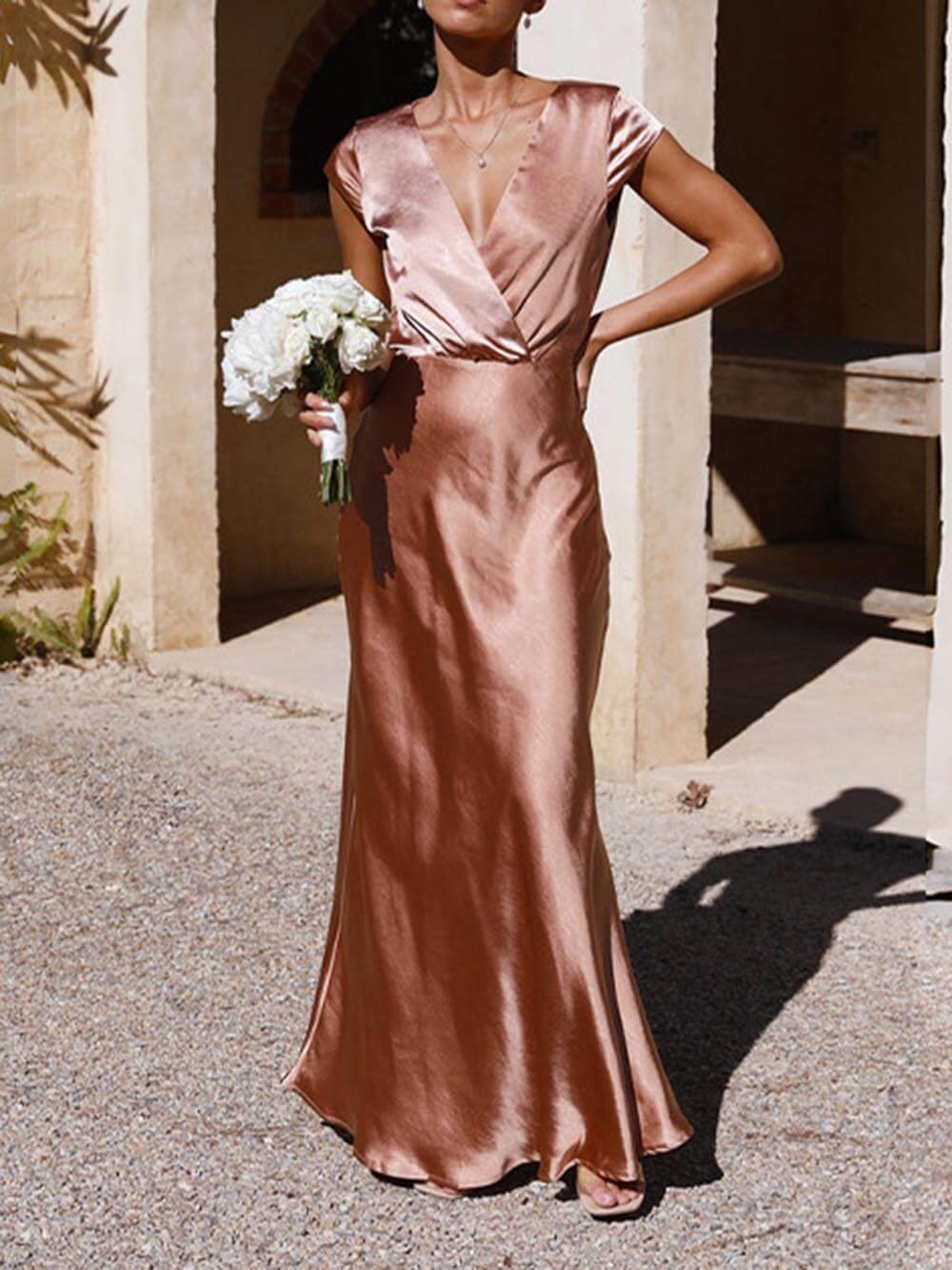 Frühling/Sommer Satin Einfarbig V-Ausschnitt Fishtail Partykleid