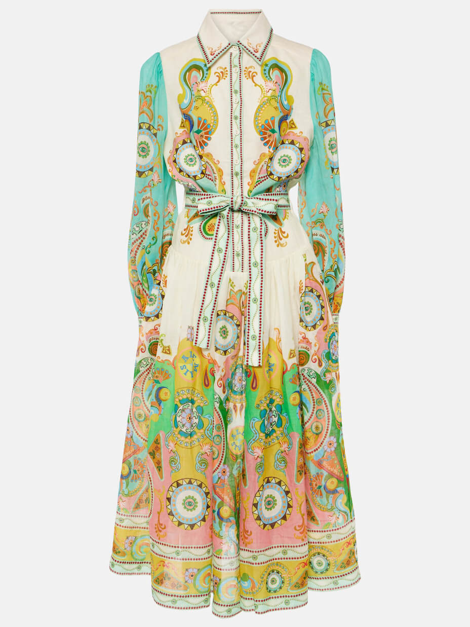 Einzigartiges, exquisites Mode-Print Midikleid mit Puffärmeln zum Binden