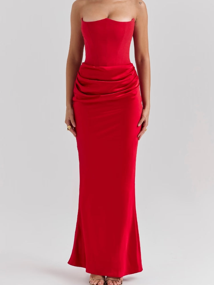 Scharlachrotes trägerloses Korsett-Maxikleid