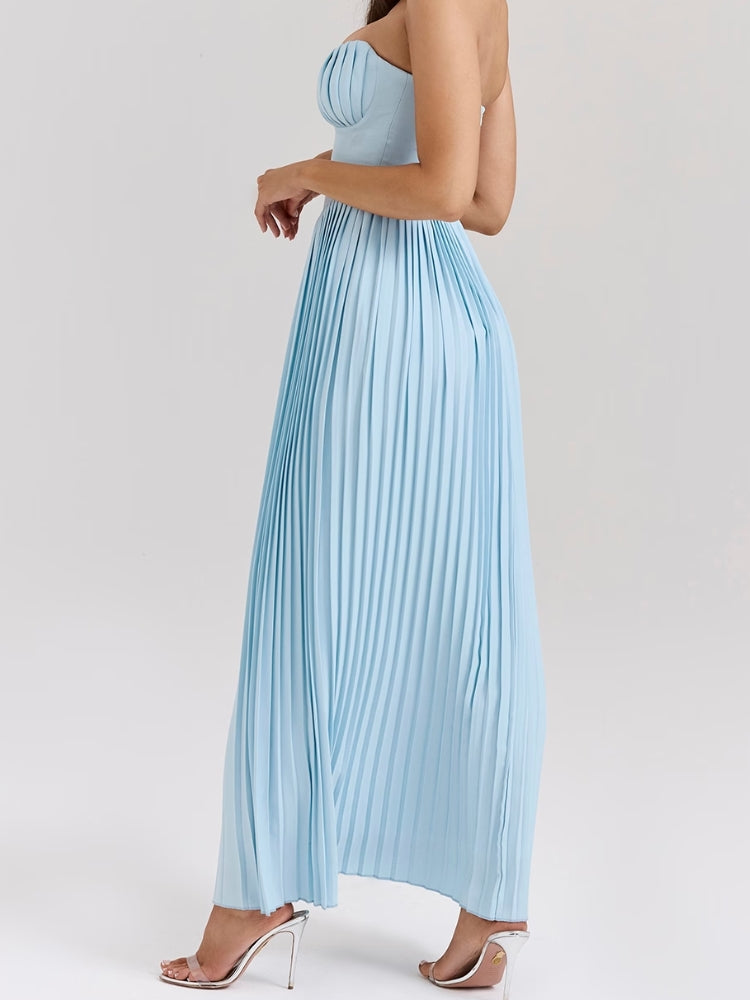 Ozeanblaues plissiertes Maxikleid