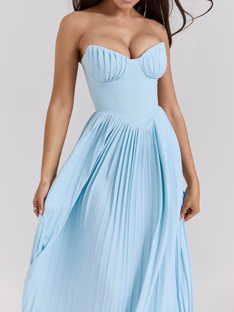 Ozeanblaues plissiertes Maxikleid