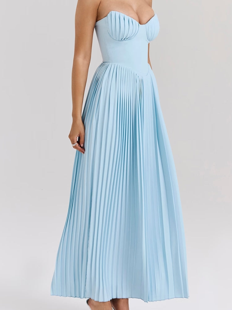 Ozeanblaues plissiertes Maxikleid