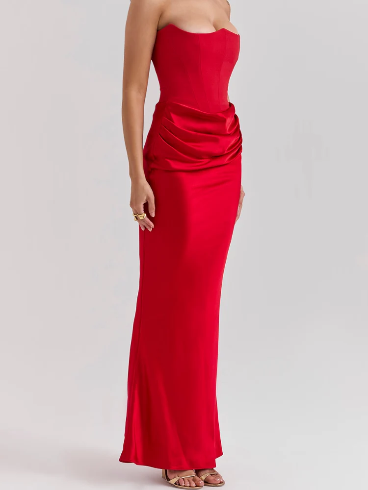Scharlachrotes trägerloses Korsett-Maxikleid