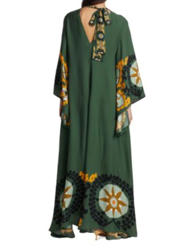 Dunkelgrünes bedrucktes Maxikleid