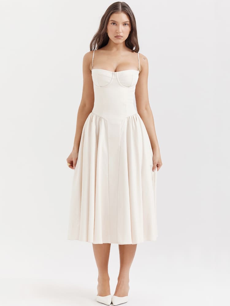 Vintage Midi-Kleid mit niedriger Taille – Creme Beige