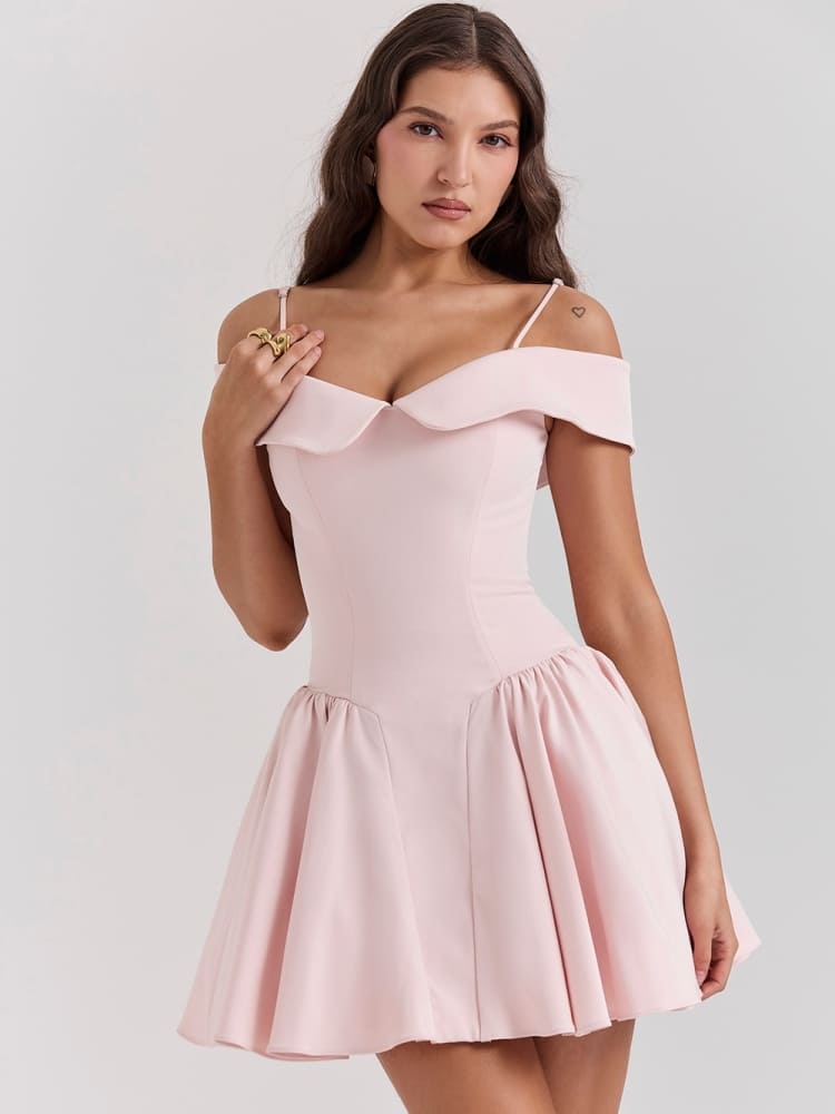 Ballettrosa schulterfreies Spaghettiträger-Minikleid