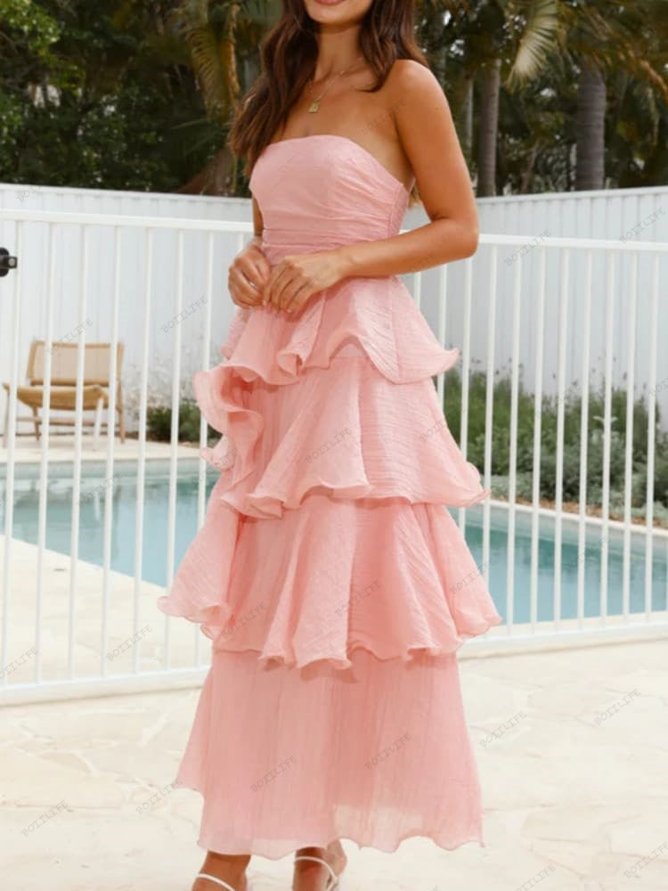 Elegantes, trägerloses, rückenfreies Midi-Kleid mit Stufenrock