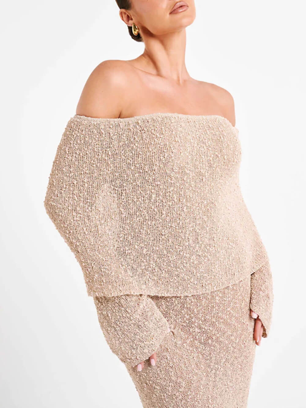 Off-Shoulder Bouclé Maxikleid