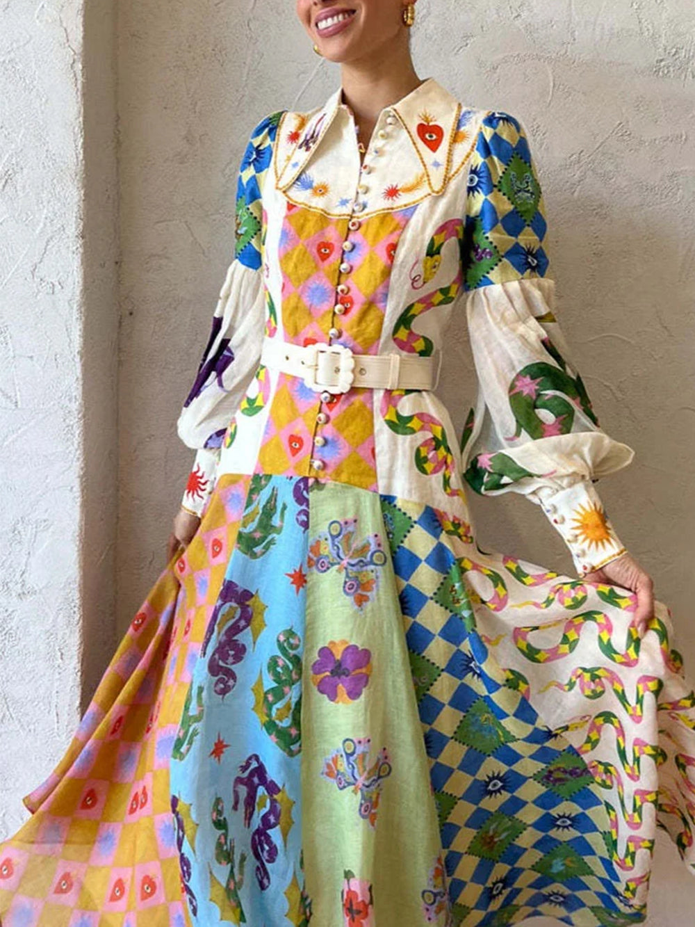 Modisches Graffiti-Ballonärmel-Kleid mit unregelmäßigem Schnitt