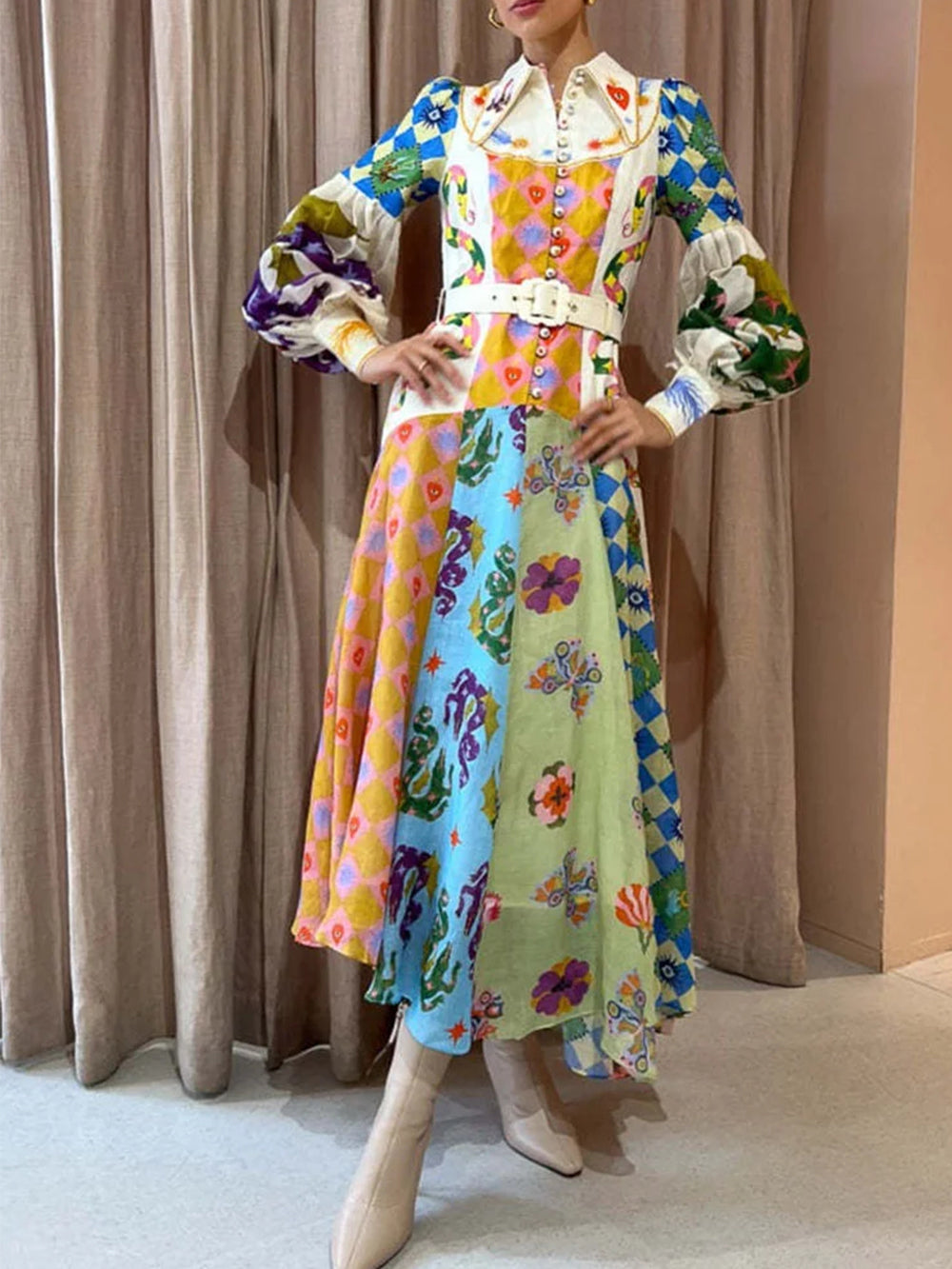 Modisches Graffiti-Ballonärmel-Kleid mit unregelmäßigem Schnitt