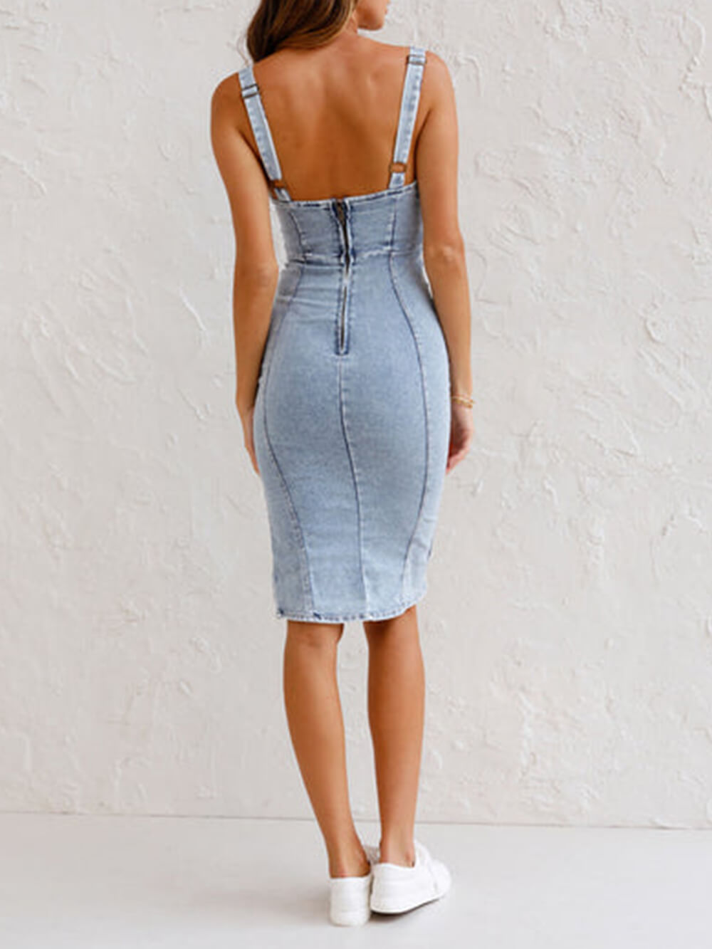 Verstellbare Träger U-Ausschnitt Schlitz Jeans Bodycon Cami-Kleid