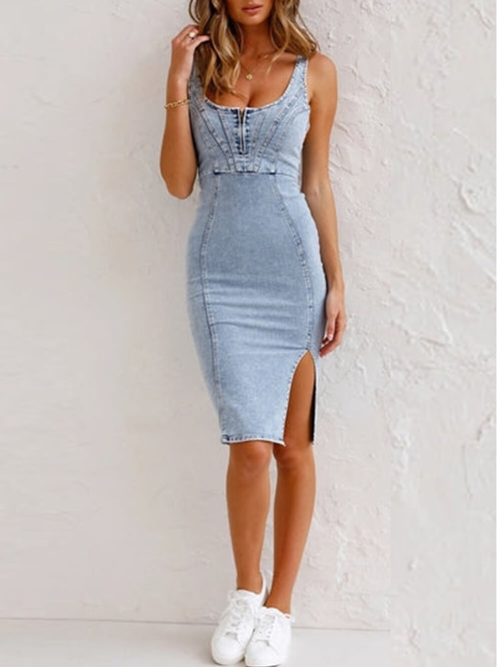 Verstellbare Träger U-Ausschnitt Schlitz Jeans Bodycon Cami-Kleid