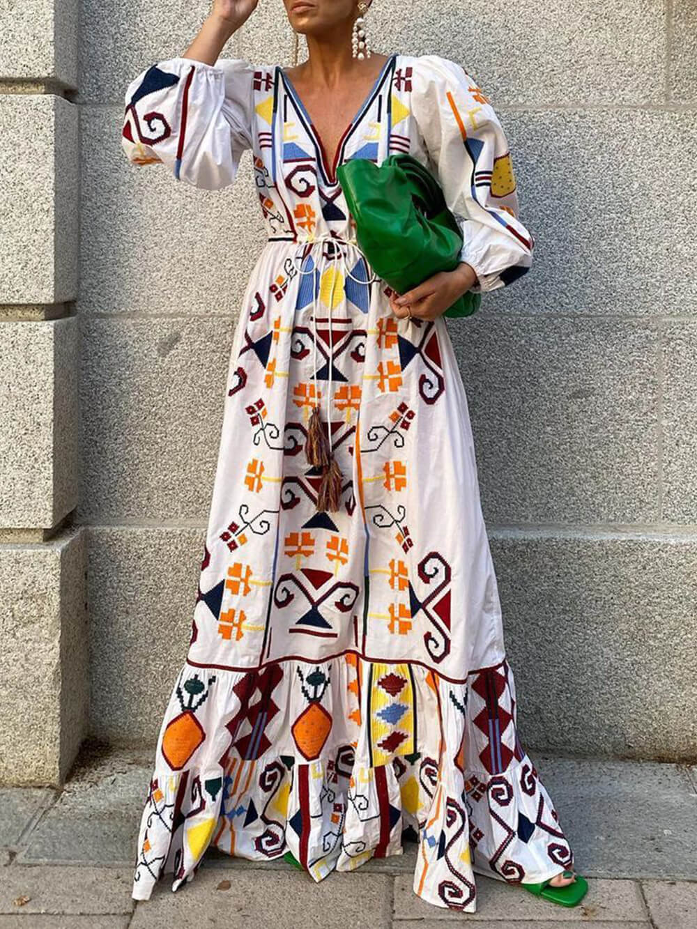 Bedrucktes langes Kleid im Urlaubsstil mit Laternenärmeln