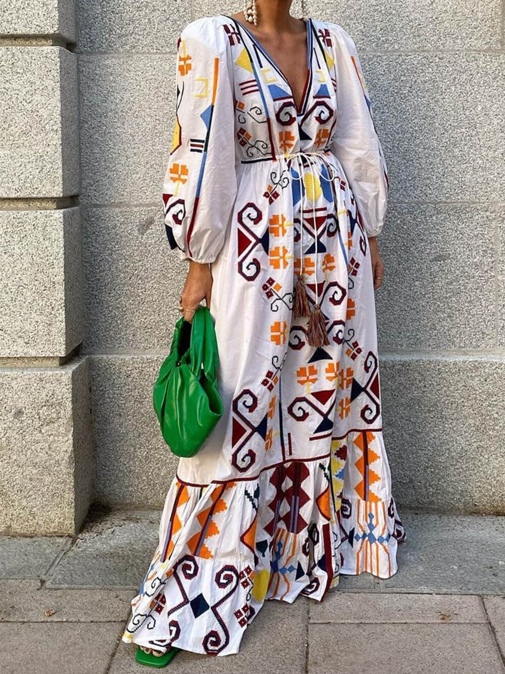 Bedrucktes langes Kleid im Urlaubsstil mit Laternenärmeln