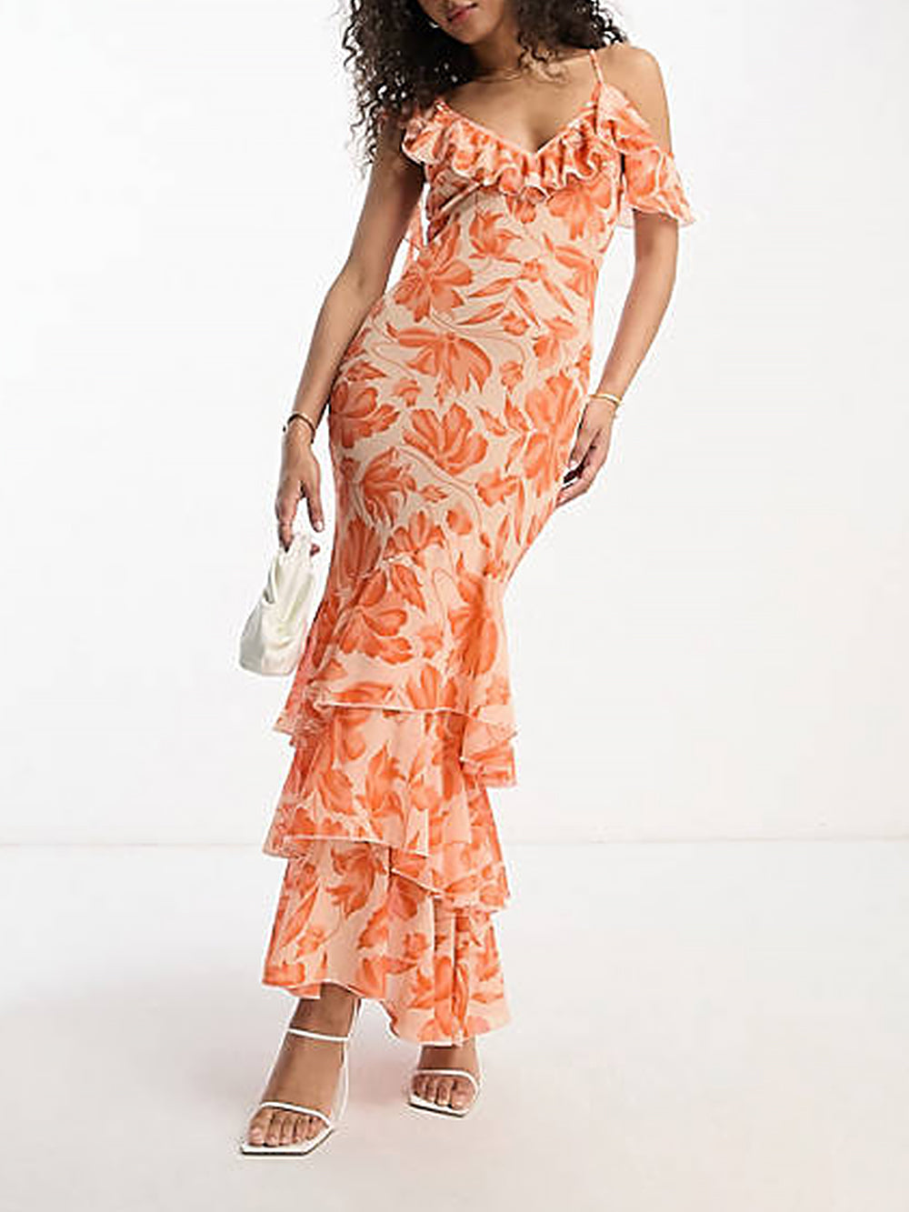 Asymmetrisches Maxikleid mit One-Shoulder-Träger aus orangefarbenem Jacquard mit Blumenmuster