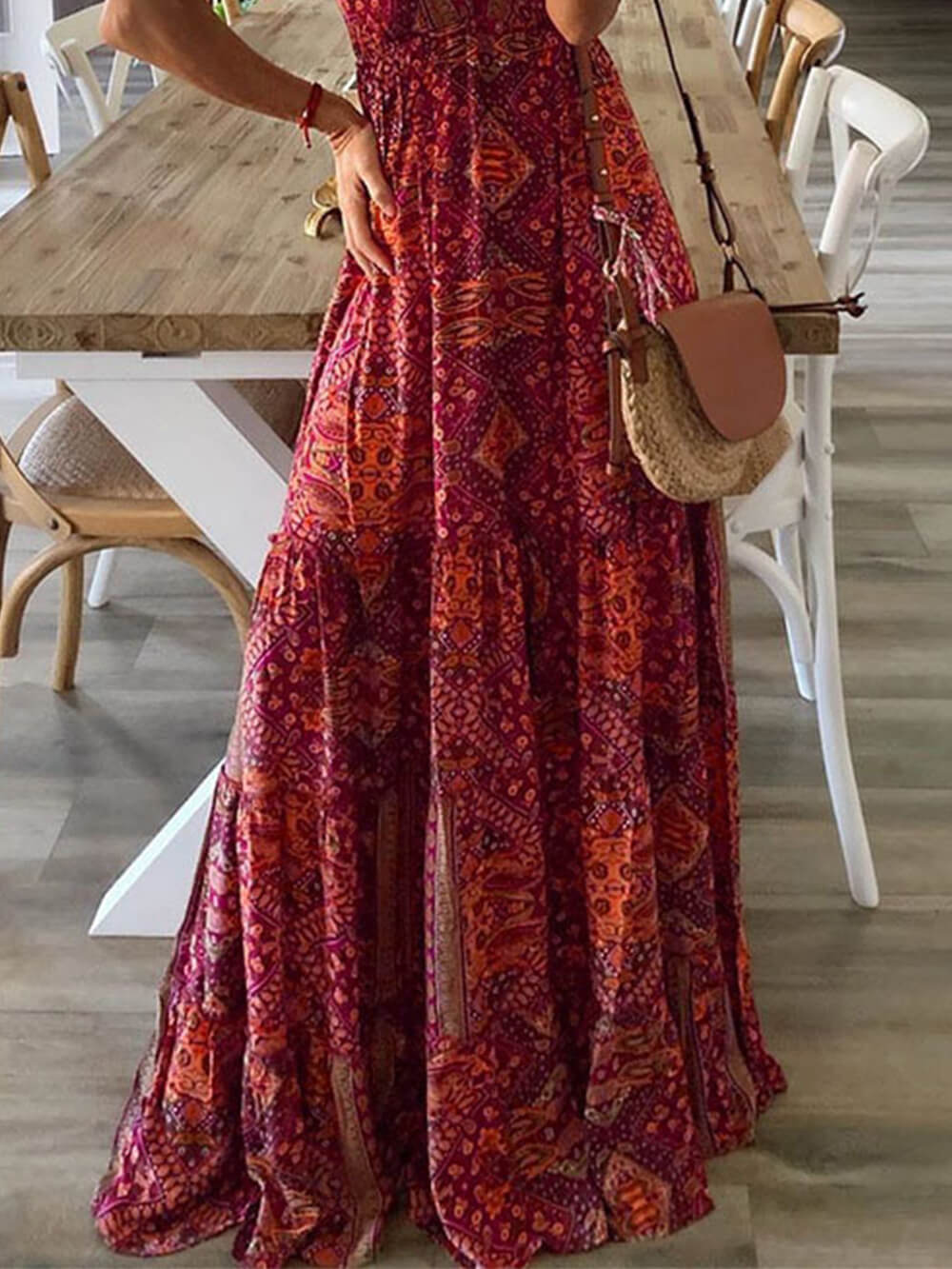 Hoch tailliertes V-Ausschnitt Vintage-Print Maxikleid